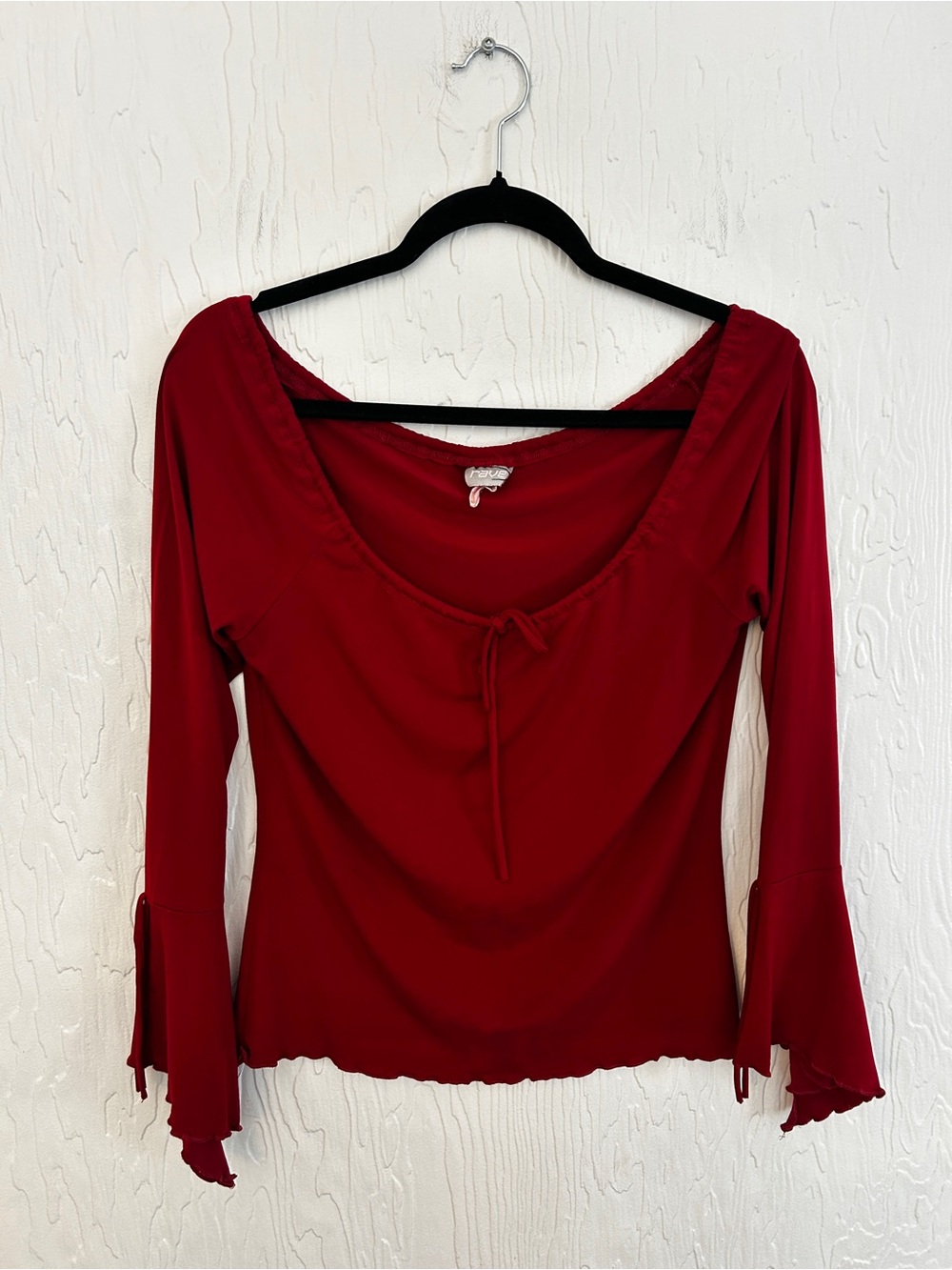 VINTAGE Y2K Top Wine Red Medium Coquette Fairy Lettuce Hem Babydoll Tie Scoop